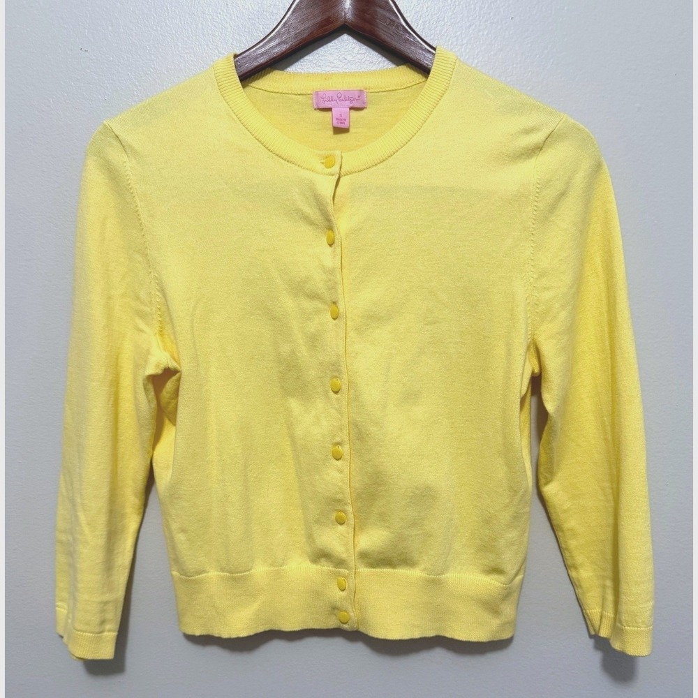 Lilly Pulitzer Yellow Hillary Cardigan Sweater Cropped 3/4 Sleeve Womens Sz S